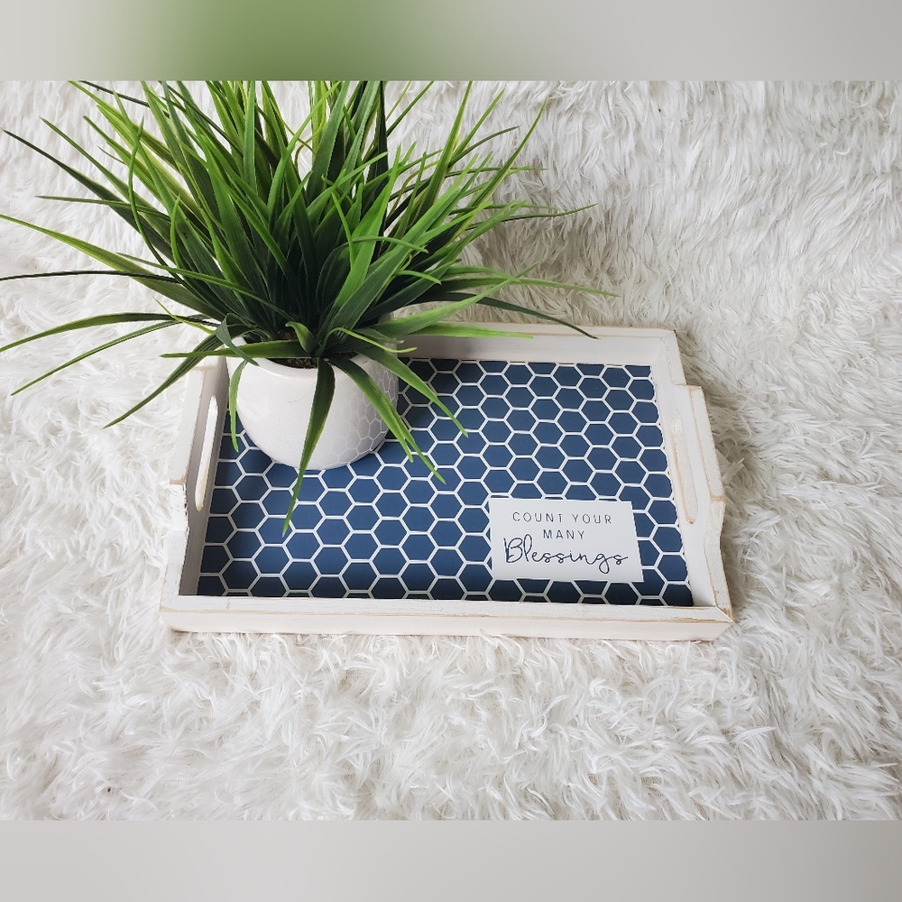 12" Blue & White Washed Farmhouse Style Wooden Tray "Count Your Many Blessings"